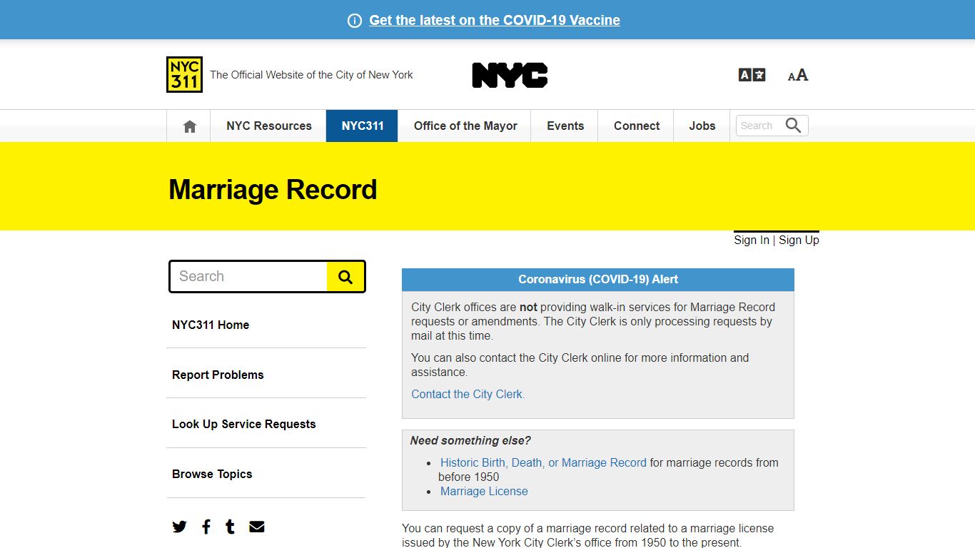 Marriage Record · NYC311 - New York City